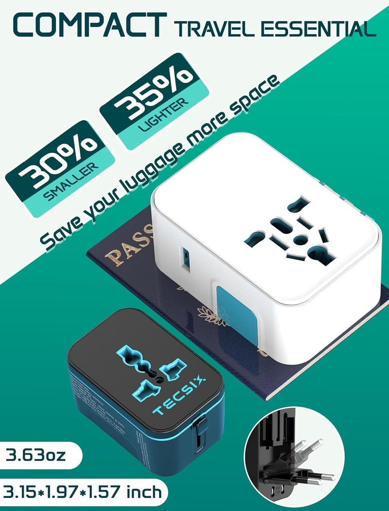 TECSIX Universal Travel Adapter Worldwide, European Travel Plug Adapter with 2 USB C, 2 USB A and Multi AC Outlets, International Power Converter for EU US UK AUS 200+ Countries Type A C G I - Image 5